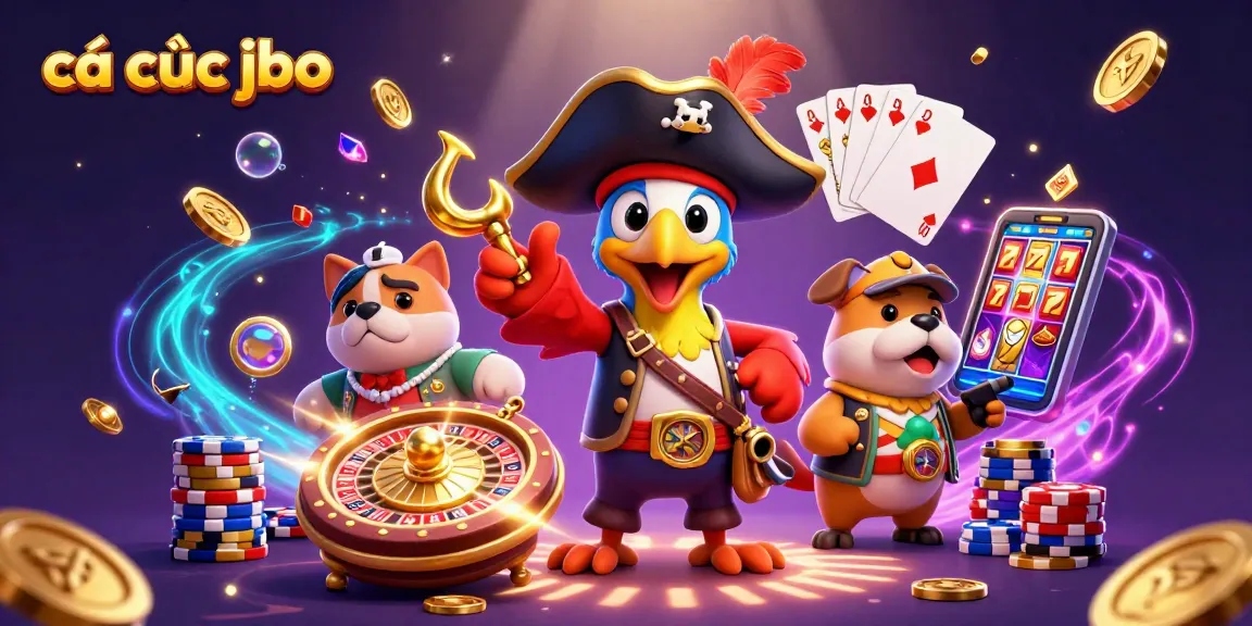 Engage in cá cược jbo with vibrant characters amid cascading coins and a spinning roulette wheel.