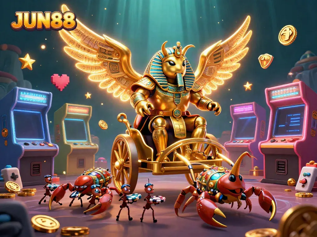 Experience thrilling gameplay with JUN88, featuring a vibrant 3D scene of animated characters in a casino environment.
