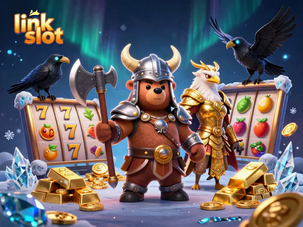 Spin the link slot reels in a vibrant scene packed with treasures and gaming elements.