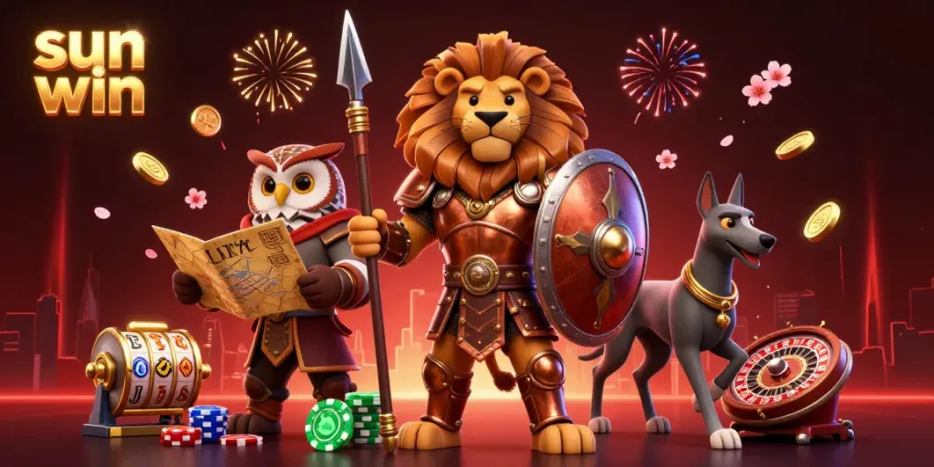 Experience the excitement of sun win with a vibrant scene featuring a Spartan lion and owl strategist amidst dazzling gambling elements.