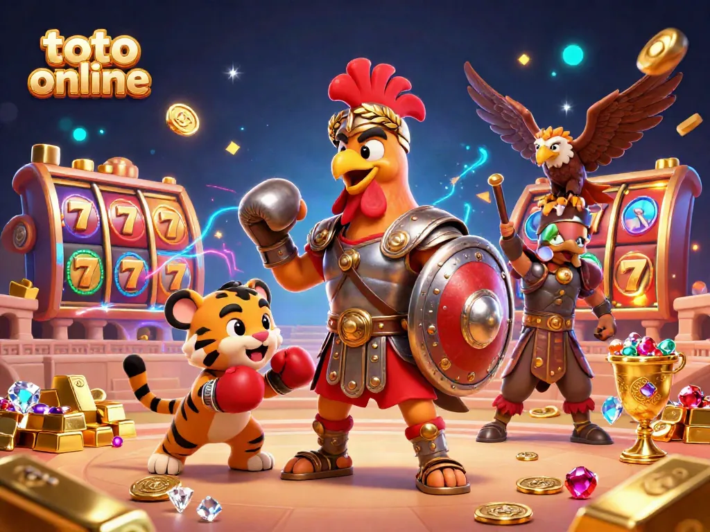 Experience thrilling toto online gaming amidst vivid slot reels and treasure in a dynamic scene.