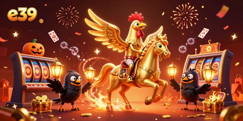 E39's thrilling gaming scene features a golden rooster and spectral horse in a casino, surrounded by gleaming slot reels and colorful confetti.