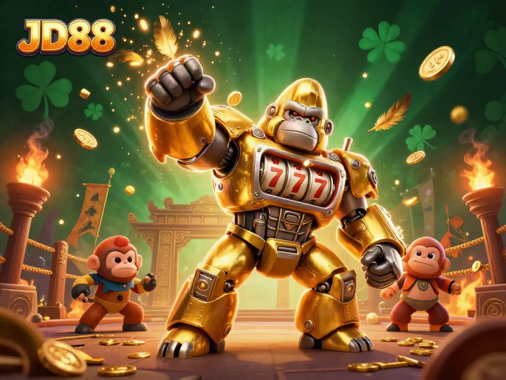 Experience the thrilling atmosphere of JD88 with a dynamic 3D illustration of a golden gorilla mech and vibrant casino elements.
