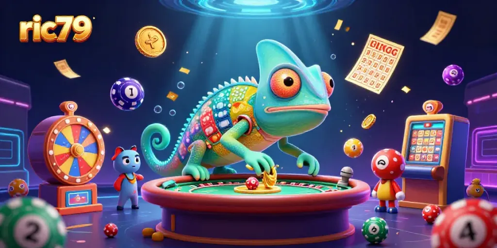 Experience the excitement of ric79 with a vibrant chameleon casino owner, lottery balls, and dynamic game elements.
