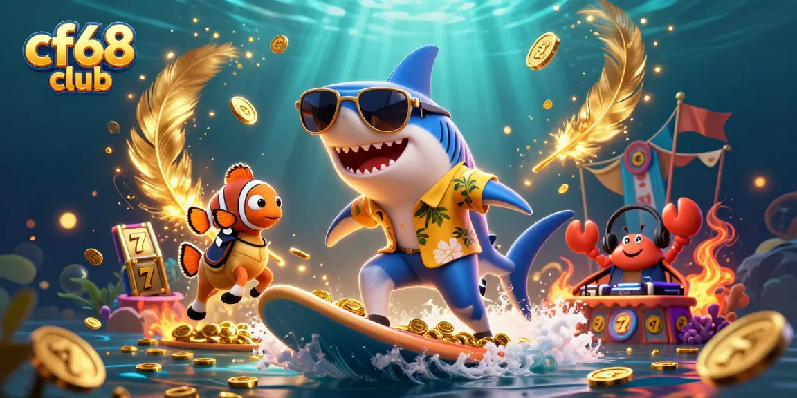 Experience the thrill of cf68 club with a dynamic 3D illustration featuring a shark, clownfish, and crab DJ surrounded by casino elements.