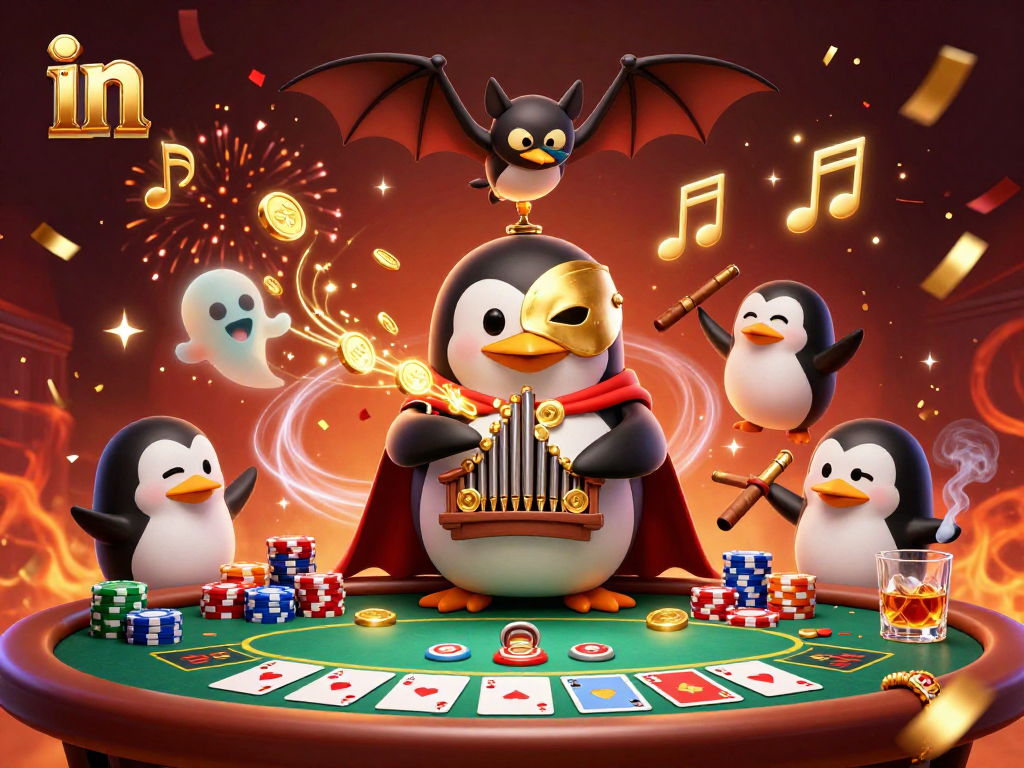 Join the fun in NetWin casino with a 3D illustration of a penguin playing pipes, while golden coins rain down.