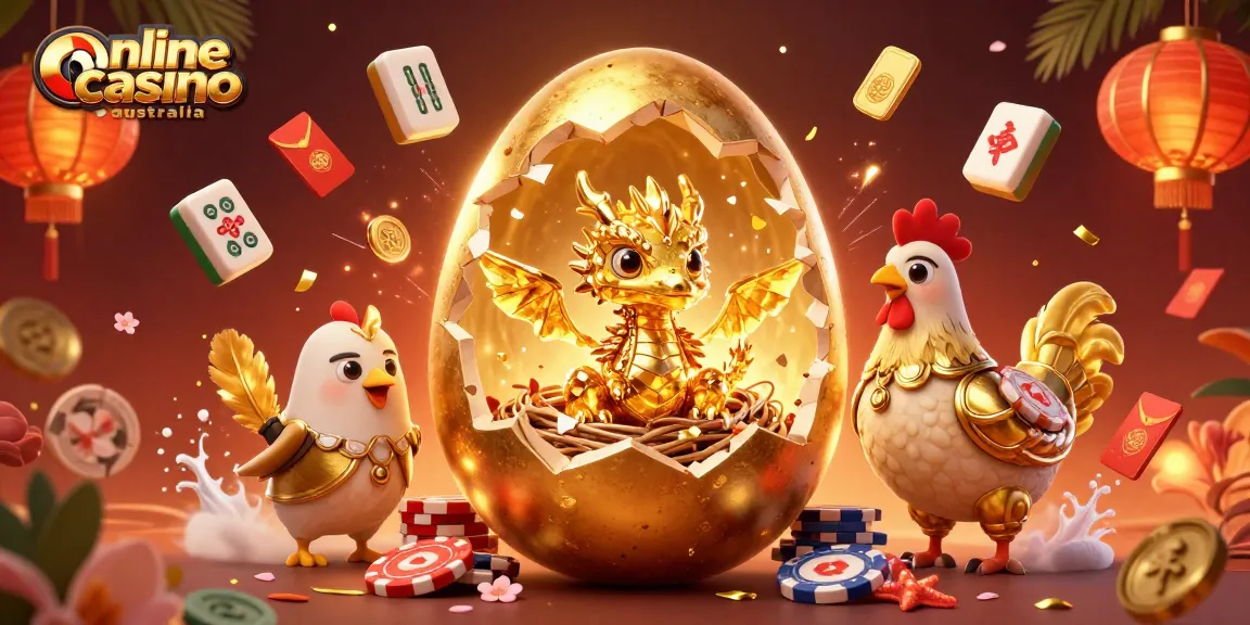 Experience the thrill of online casino Australia with a golden baby dragon and poker chips.