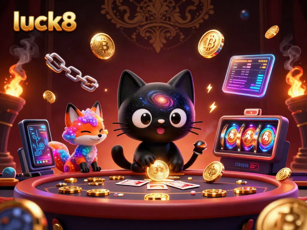 Experience immersive luck8 gaming with a cosmic cat and vivid graphics in this 3D illustration.