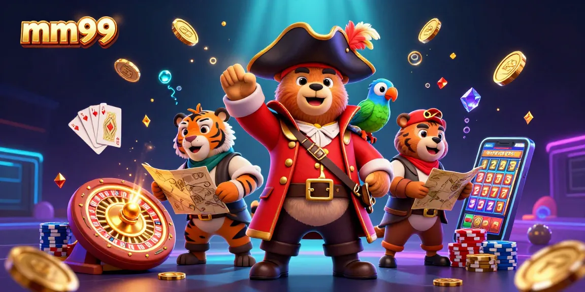 Engage with mm99's thrilling games like slots and table games in this vibrant 3D scene.