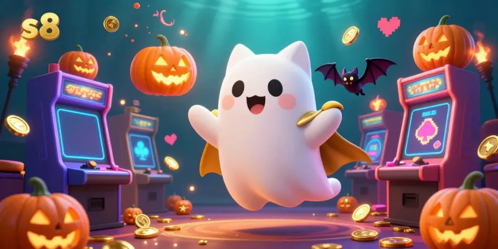Experience thrills with s8, a ghost cat and a bat in a dynamic casino scene, glowing slot machines abound.