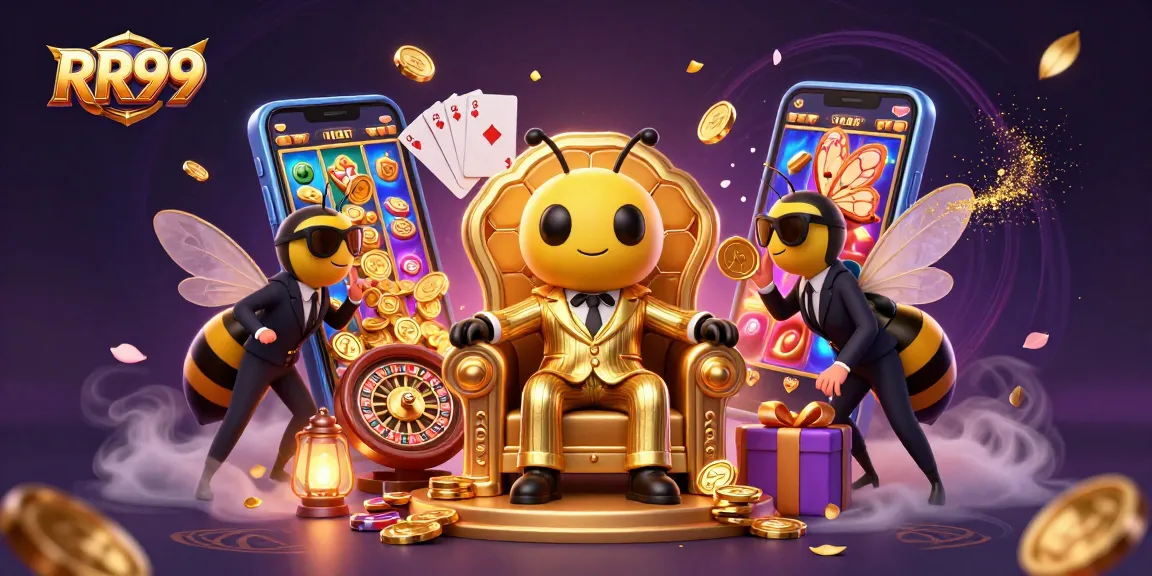 Engage in thrilling gameplay at RR99 with a dazzling cartoon casino scene featuring a bee mob boss and vibrant gaming elements.