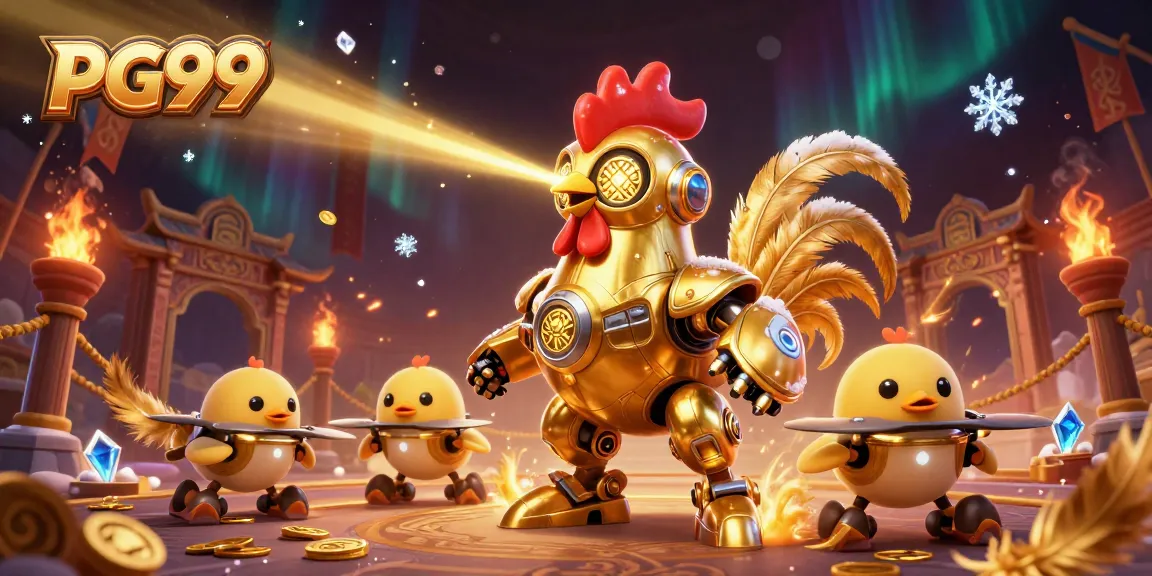 Join the excitement at PG99 with a golden rooster robot and chick drones in a spectacular casino scene.