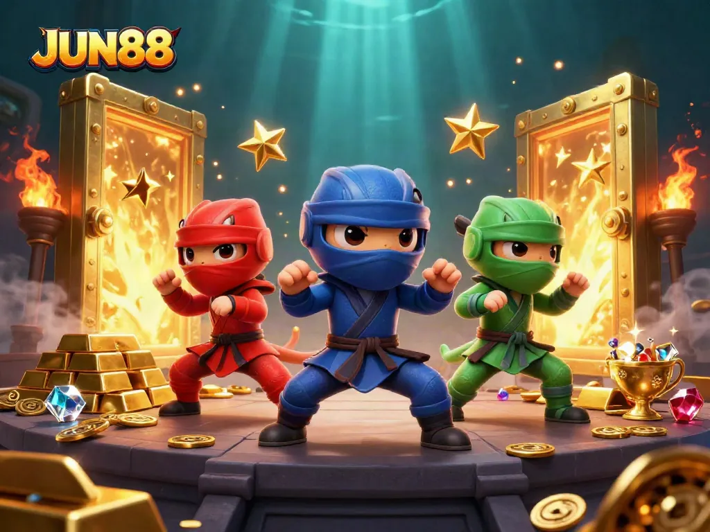 Join the action at JUN88 with vibrant ninja chameleons amidst golden treasures, illustrating dynamic gaming excitement.
