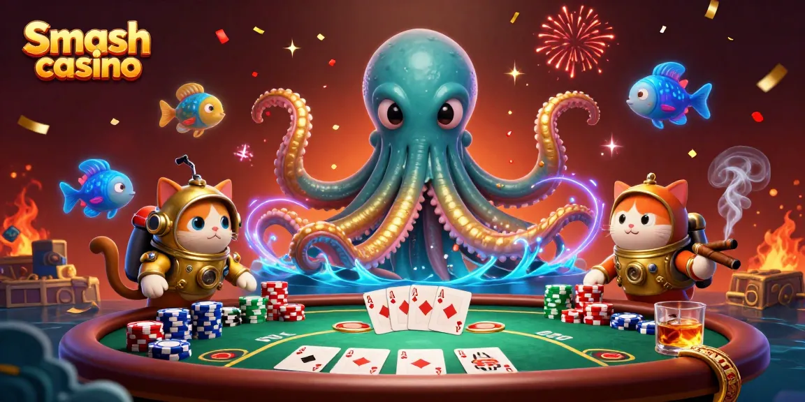 Experience big wins at Smash casino with a kraken, diving cat, and vibrant casino elements.