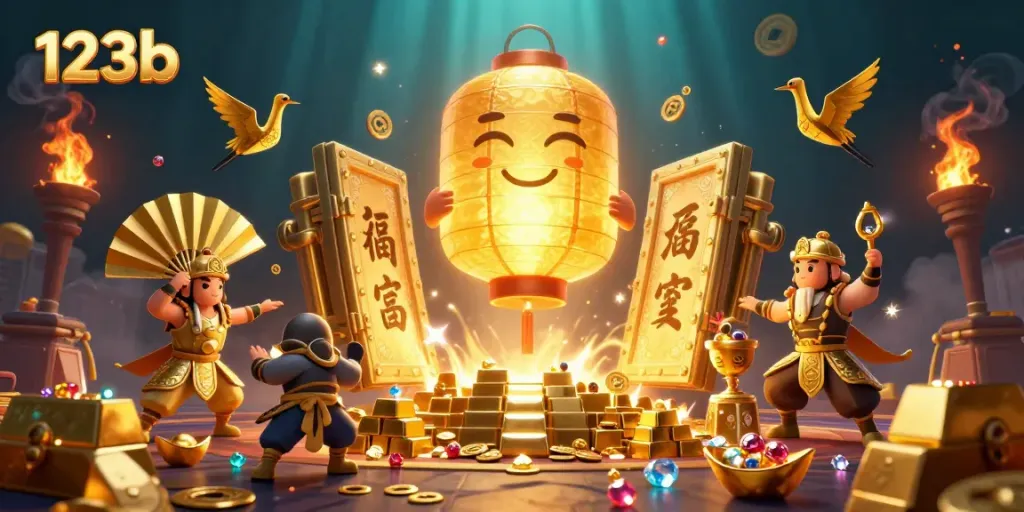 Experience the thrill of 123b with a vibrant 3D casino scene packed with gold and gaming elements.