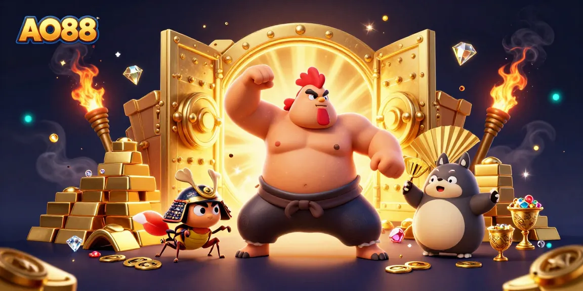 Spin and win at AO88 with a powerful sumo wrestler rooster amid golden treasures.