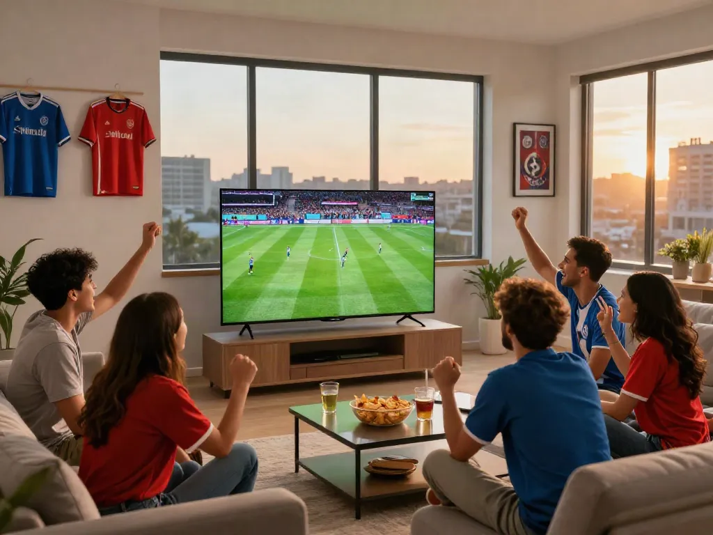 Excited friends watching football on TV at home, immersive experience with xoilactv.