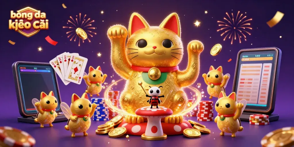 Experience the thrills of bóng đá kèo nhà cái with a dynamic illustration of a lucky cat and sports betting elements.