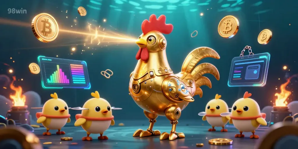 Experience the excitement of 98win with a golden rooster robot and crypto gaming coins.