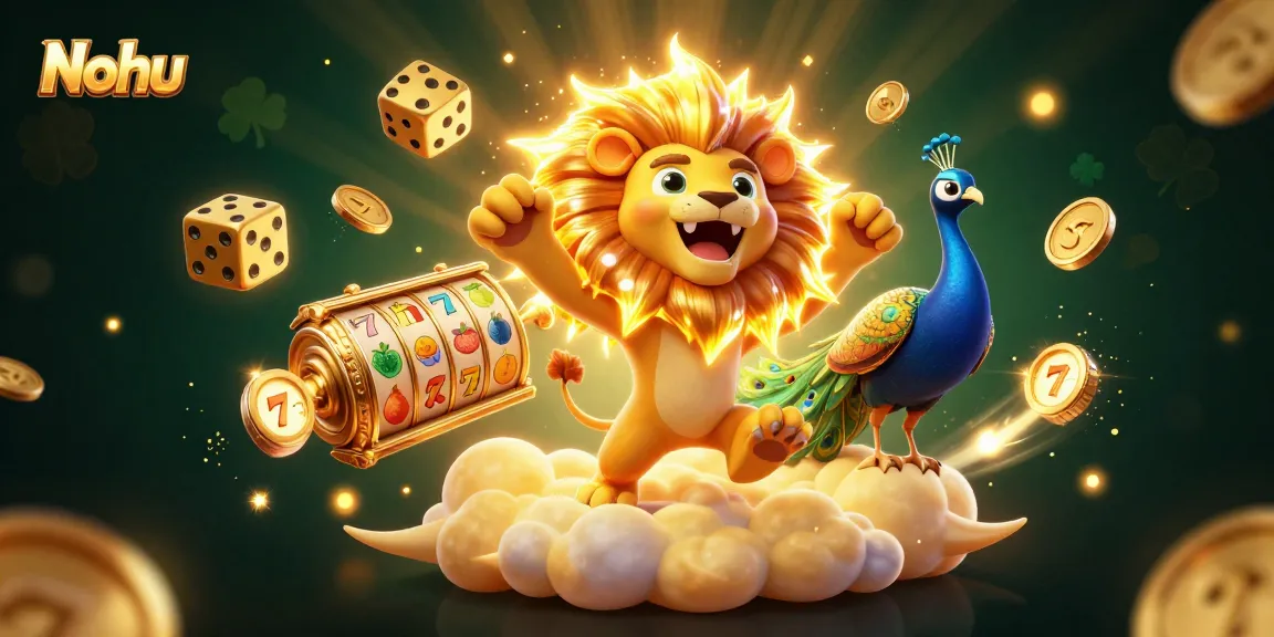 Nohu showcases luxurious casino excitement with vibrant visuals of slots and a triumphant lion.