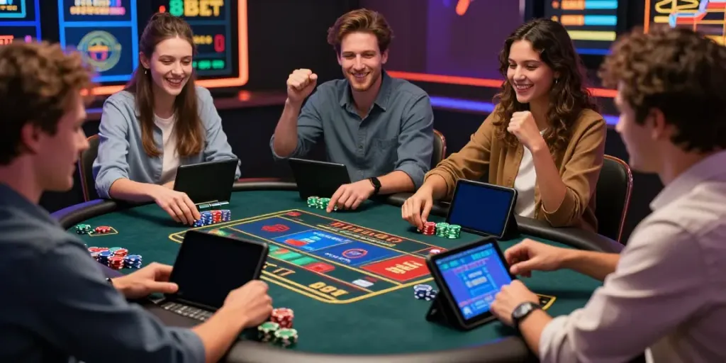 Exciting gaming atmosphere at https://8kbeteu.com/ featuring players enjoying live casino games and celebrating wins.