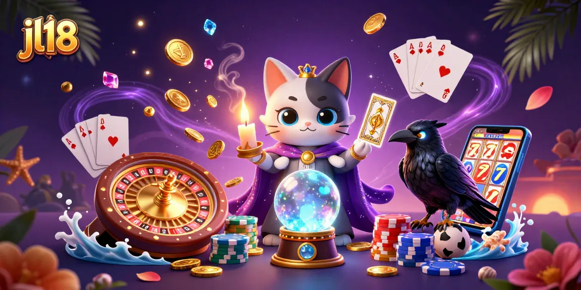 Experience the magic of jl18 casino with a mystical cat and tarot raven amidst sparkling gems and casino elements.