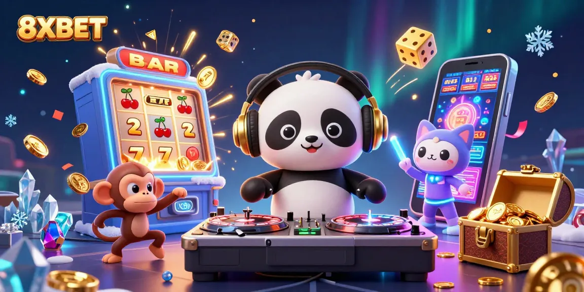 Experience excitement at 8XBET with dynamic 3D illustration of casino-themed characters and vibrant gaming elements.