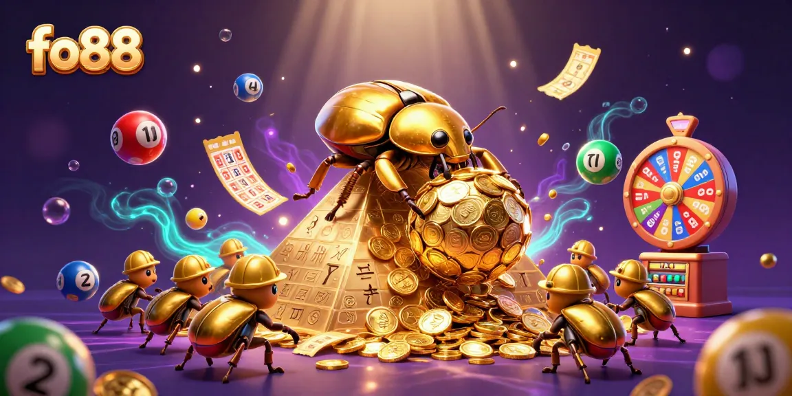 Engage with fo88's dynamic gaming world through a vibrant 3D depiction of a golden dung beetle and colorful lottery elements.