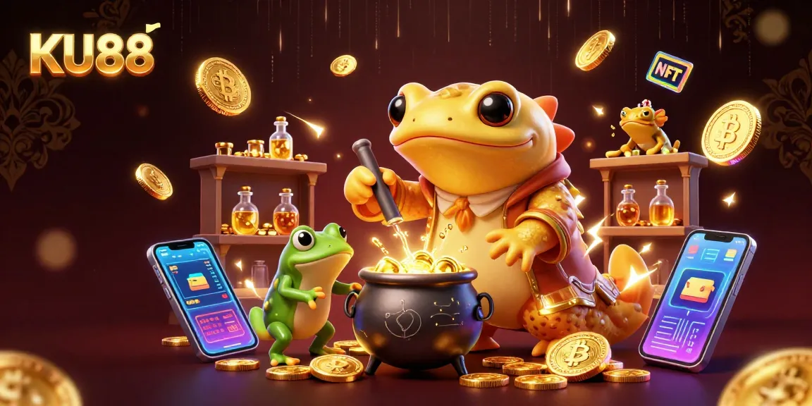 KU88 emphasizes dynamic gaming with a golden salamander alchemist amid coins and crypto elements.