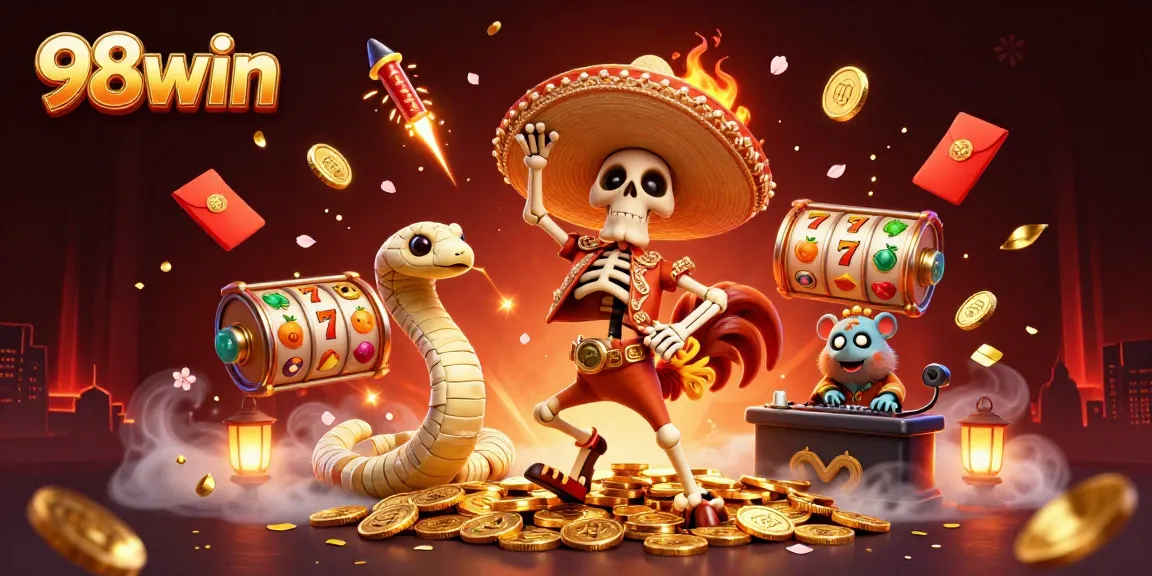 Engaging scene with the 98win mascot and characters celebrating wins amidst casino elements.