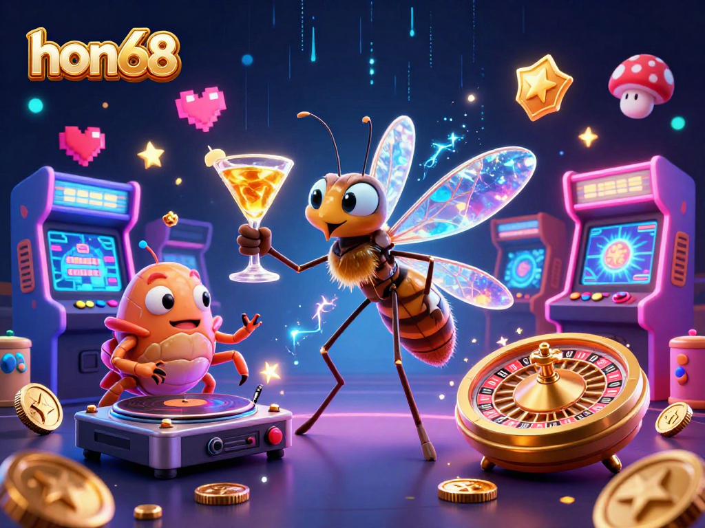 Experience thrilling gameplay at hon68 with a vibrant 3D casino illustration featuring dynamic game elements.