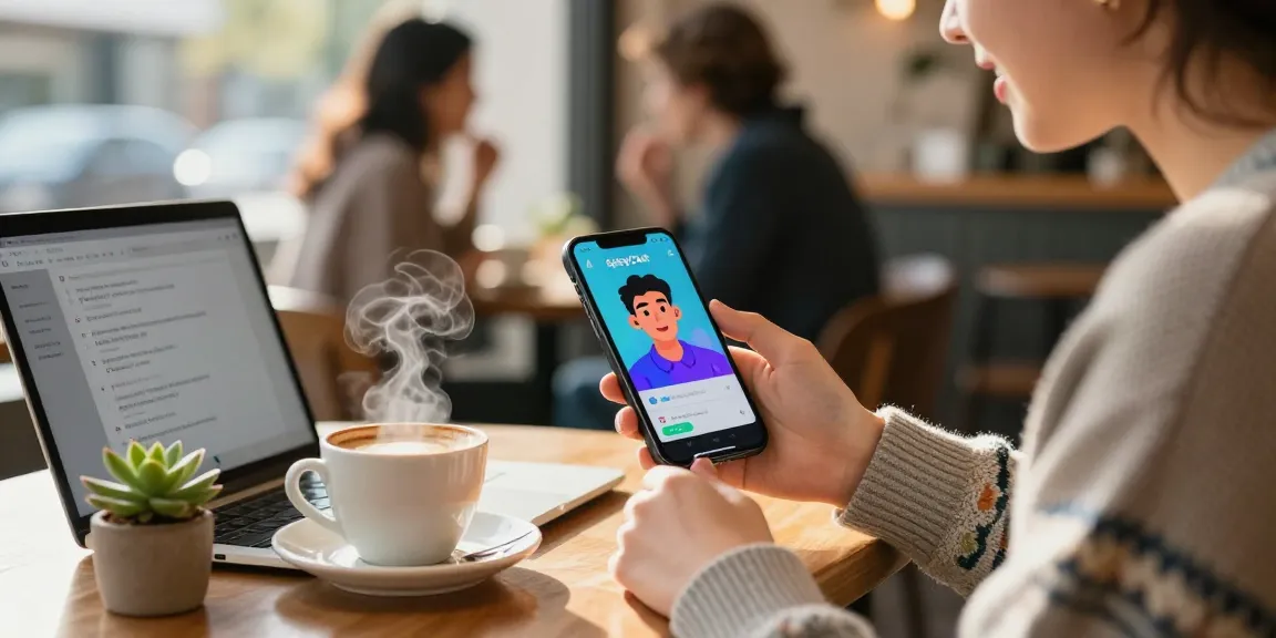 Engaging with SpicyChat AI in a cozy cafe using a smartphone with vibrant colors.