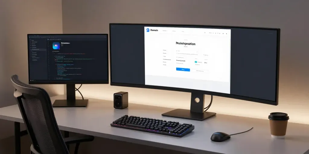 .co.uk domain registration interface on a modern developer workspace setup featuring tech elements and coding tutorials.