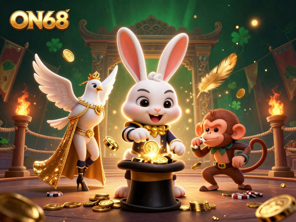 Experience thrilling magic and fun betting at ON68, featuring a magician rabbit and playful characters.