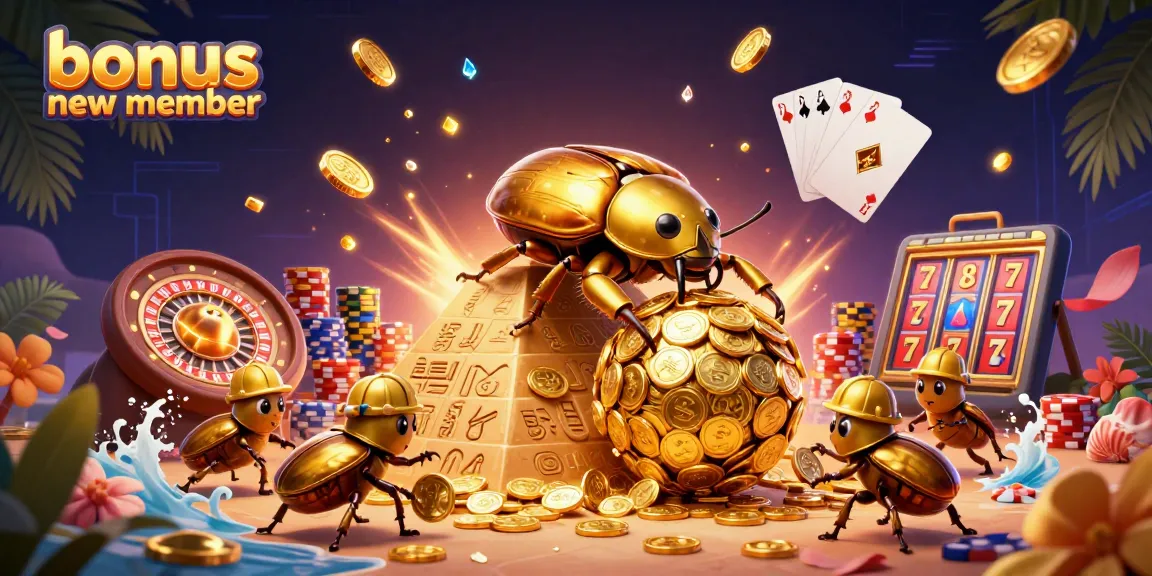 Experience the excitement of 'bonus new member' with a golden beetle rolling coins in this vibrant casino scene.