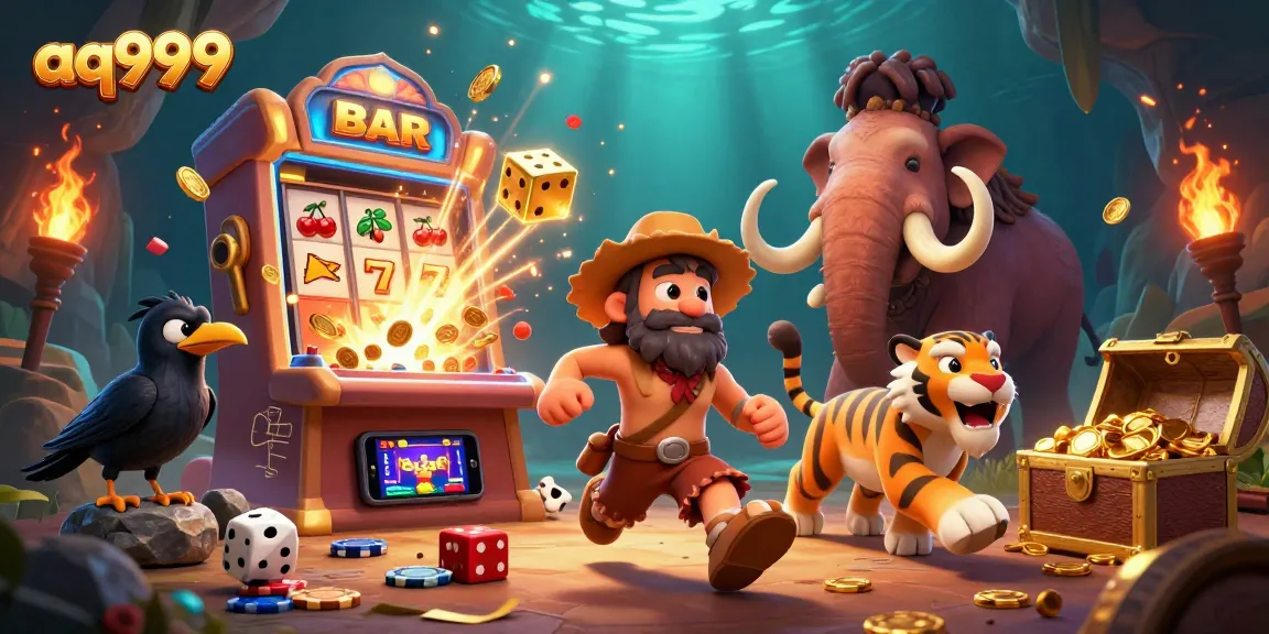 Aq999 elevates your gaming with a dynamic depiction of a lively prehistoric casino scene involving energetic characters and elements.