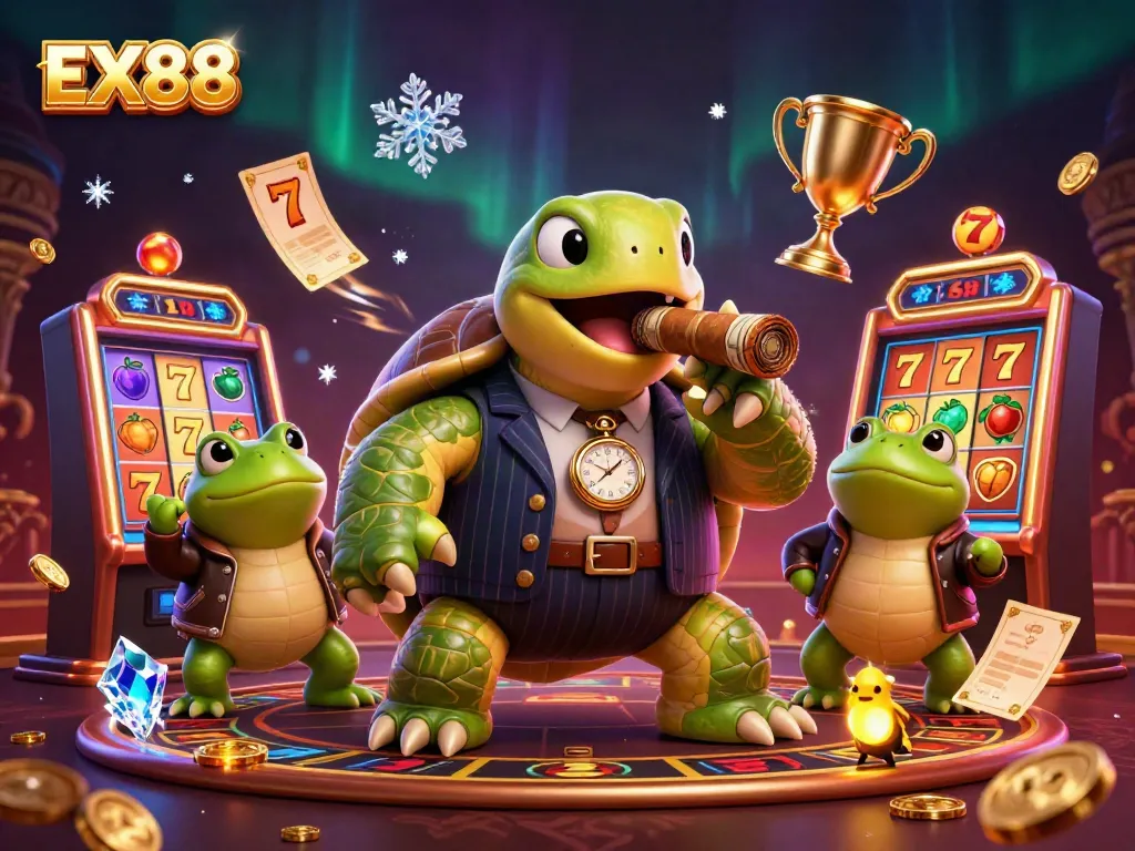 Experience the thrilling EX88 casino atmosphere with a turtle mobster and bullfrog enforcers.