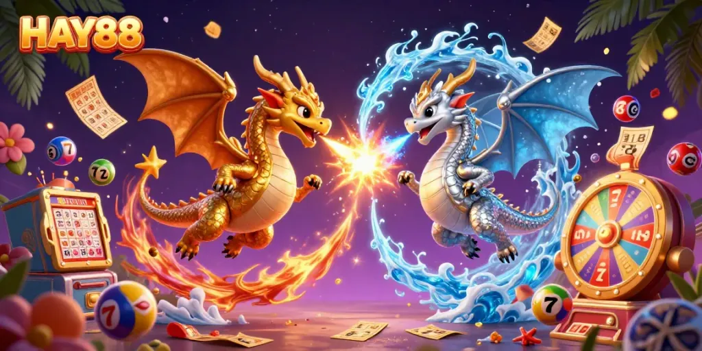 Experience the action of HAY88 with dynamic games, dragons, and magical elements in a vibrant 3D scene.