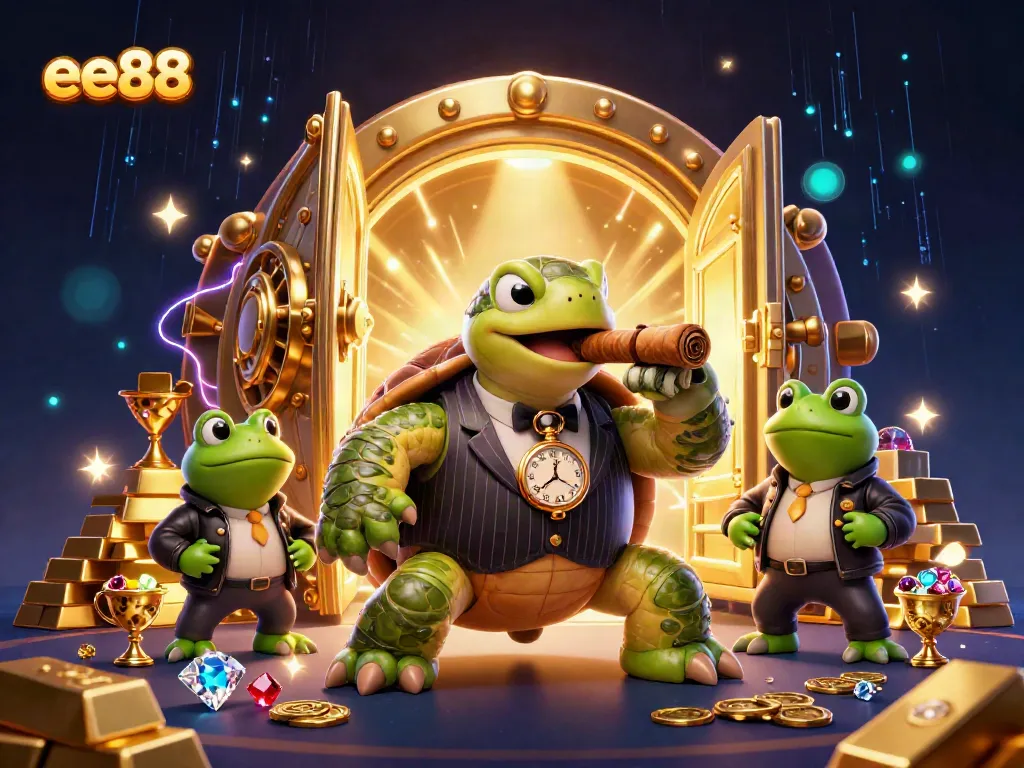 ee88 invites players to win with a cartoon turtle in casino scene, surrounded by treasures.