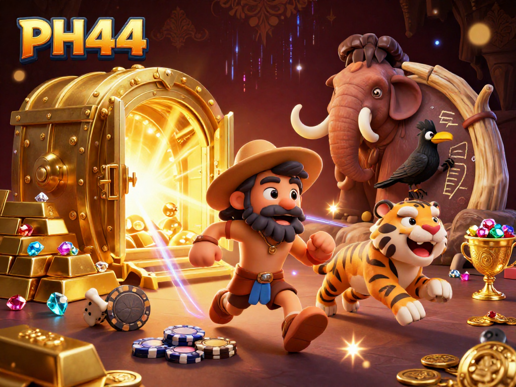 Experience thrilling gameplay at PH44 with a vibrant illustration of casino action and rich treasures in focus.