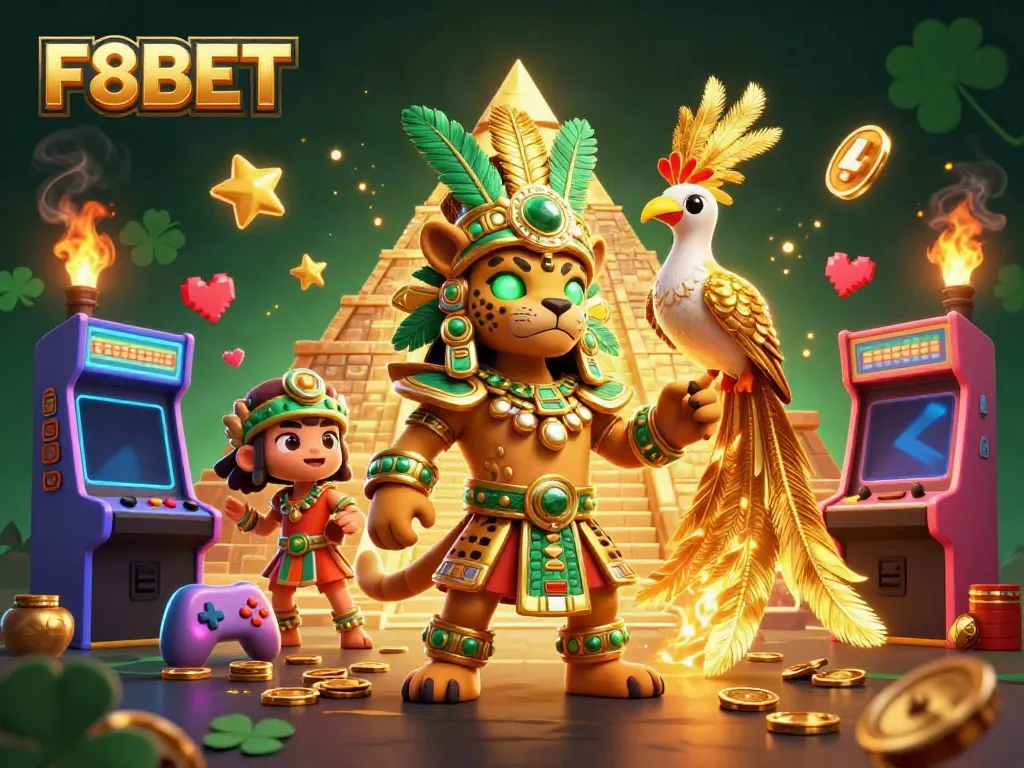 Experience the thrilling atmosphere of F8BET with a vibrant gaming scene featuring unique characters and dynamic arcade elements.