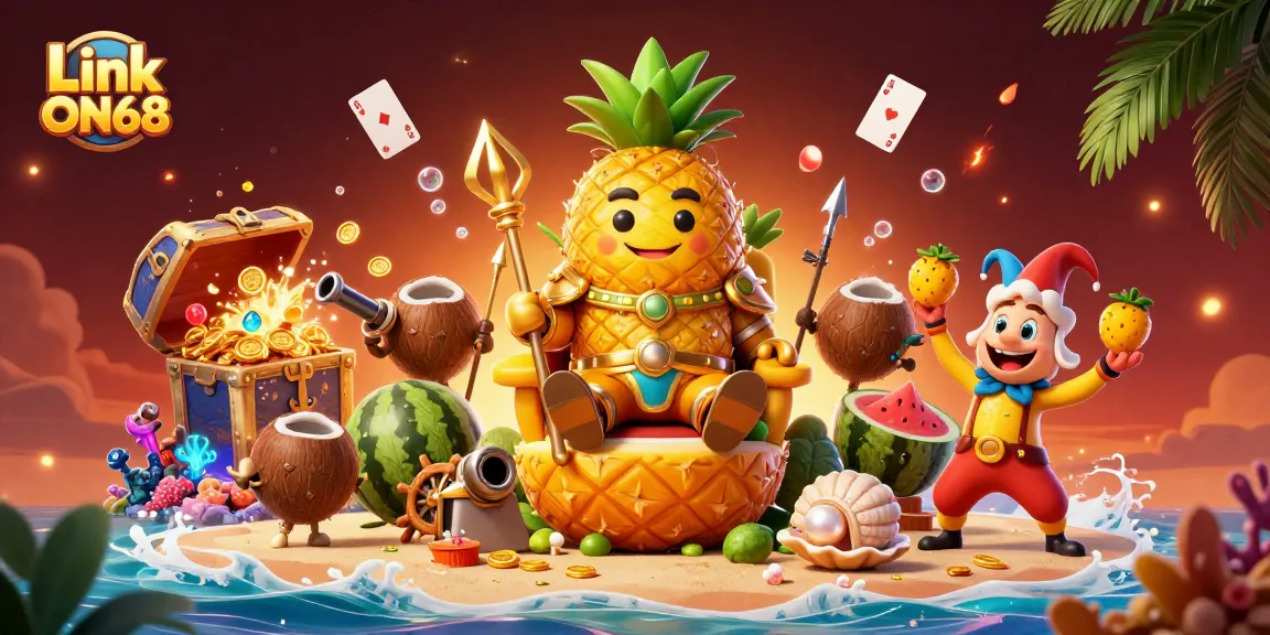 Engage in thrilling fun at Link ON68 with a vibrant 3D casino scene featuring a pineapple king and exciting game elements.