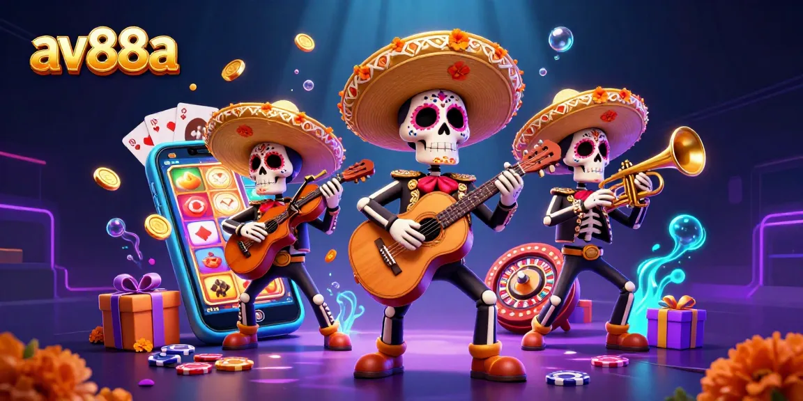 Engage with av88a's vibrant slot gaming scene featuring a colorful mariachi band and dynamic casino elements