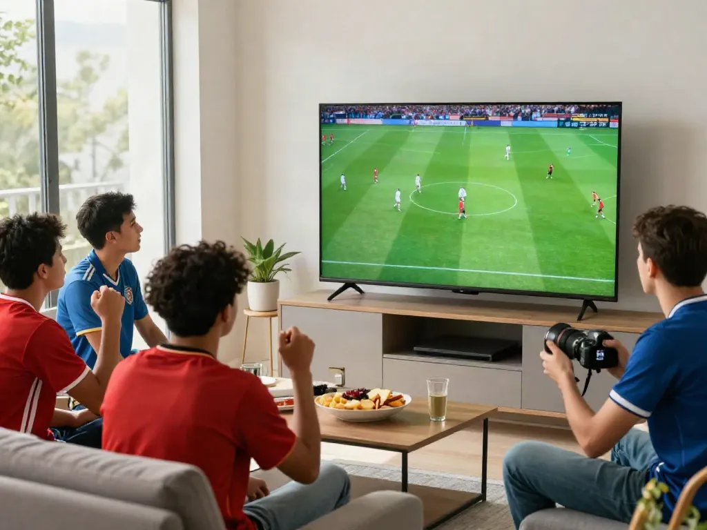 Friends enjoying a live football match on Thapcamtv in a vibrant living room.