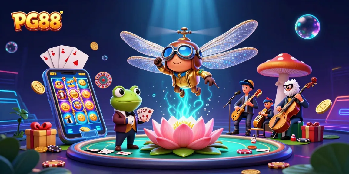 Engage with PG88 slot games as a dragonfly pilot hovers over a vibrant lily pad casino.
