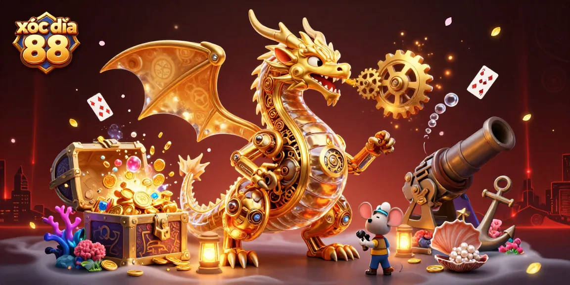 Xóc đĩa 88 featuring a dragon and a mouse engineer amidst vibrant casino-themed elements