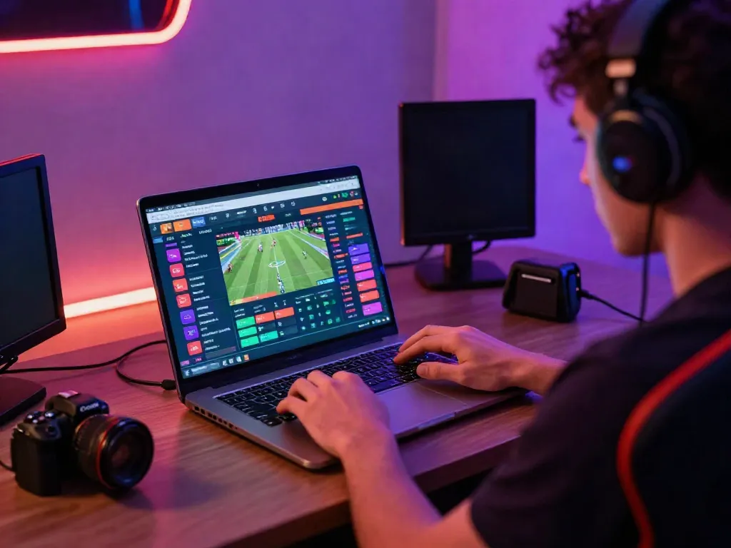 Exciting online gaming setup with DEBET betting interface and player focused on laptop.