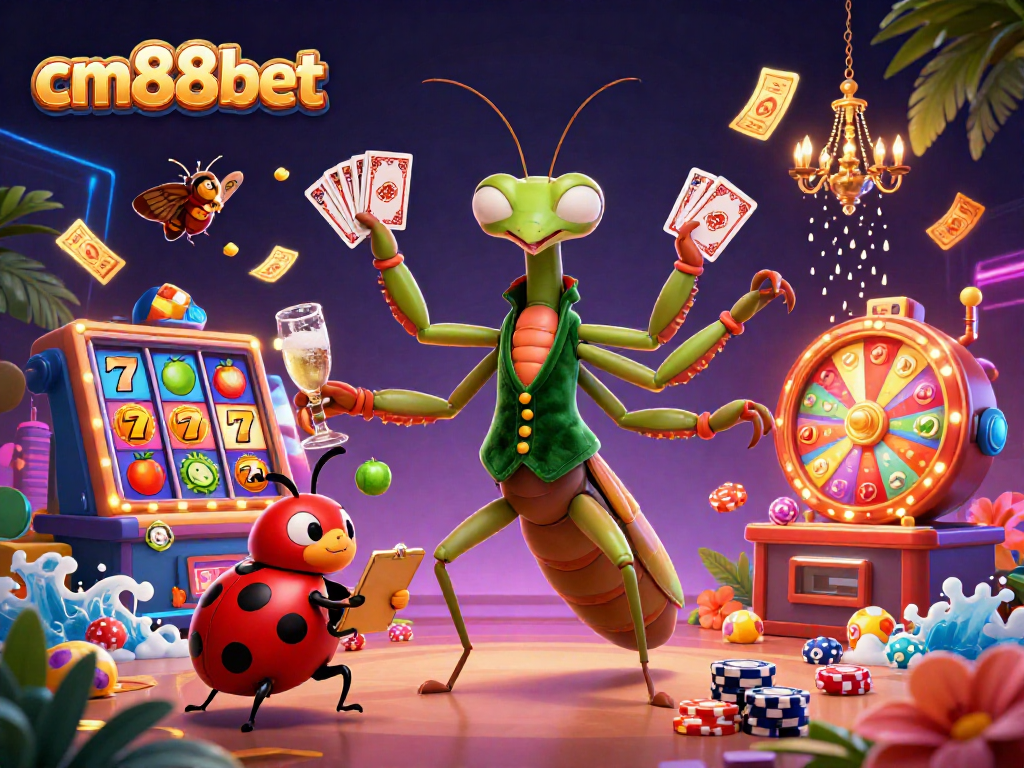 Experience the excitement of cm88bet with a vibrant scene of a cartoon mantis dealing cards and playing casino games.