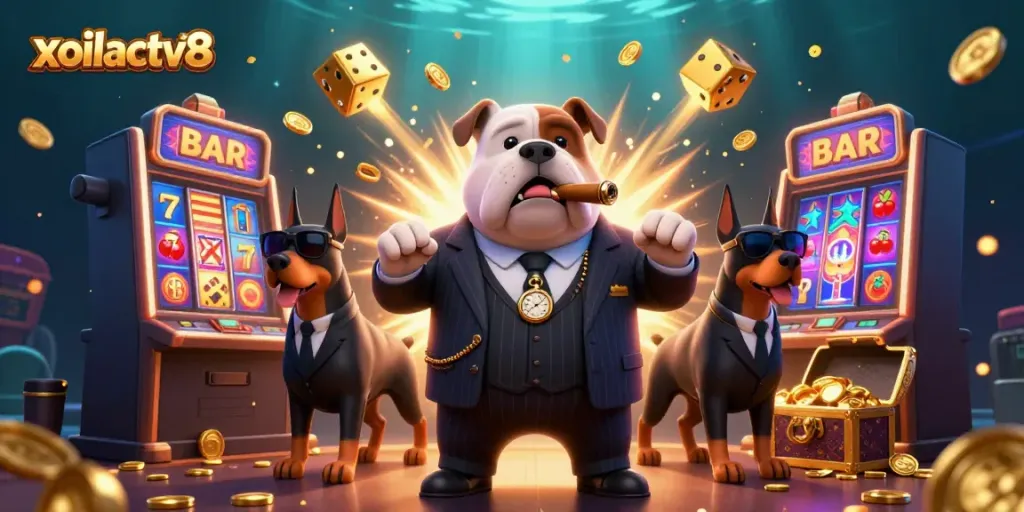 Xoilactv8 casino scene featuring a bulldog boss and Doberman guards amidst exploding slot machine action.