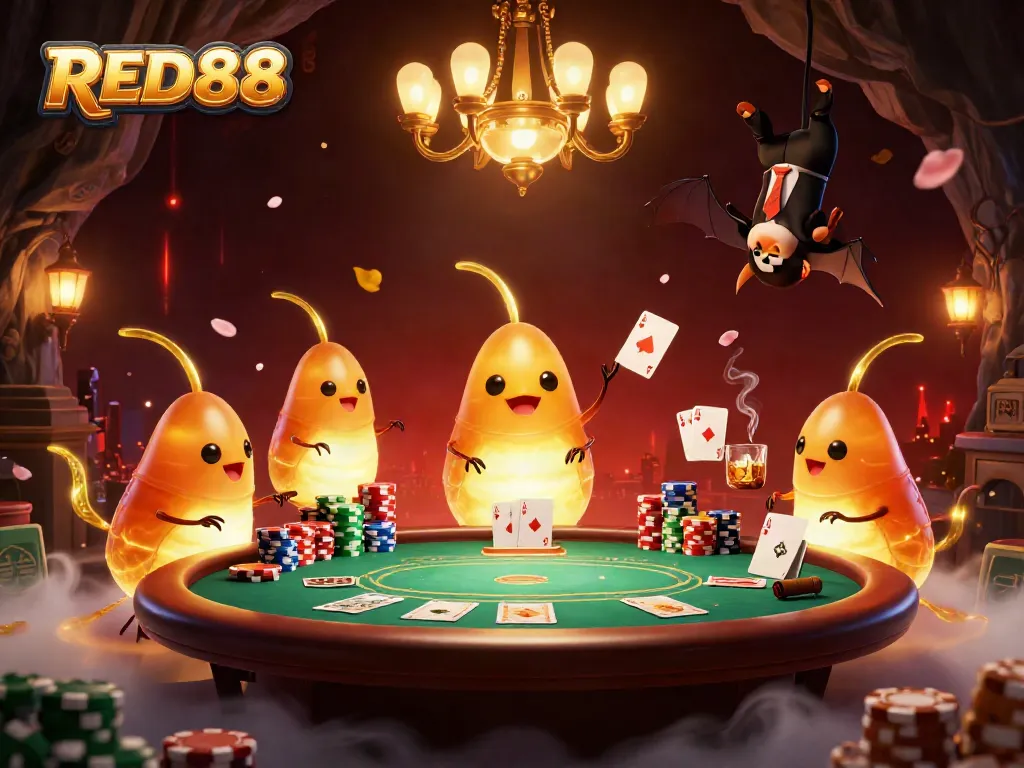 Experience the lively atmosphere at RED88 with glowworms lighting up a vibrant casino scene.